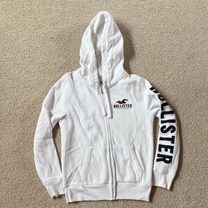 Hollister White Zip Hoodie with Navy Sleeve Logo